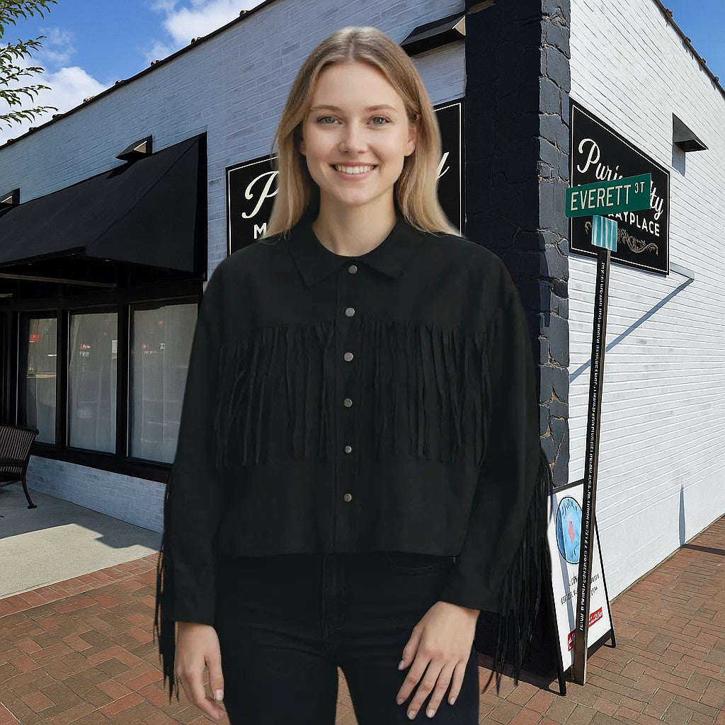 Umgee Faux Suede Fringe Shacket – Black