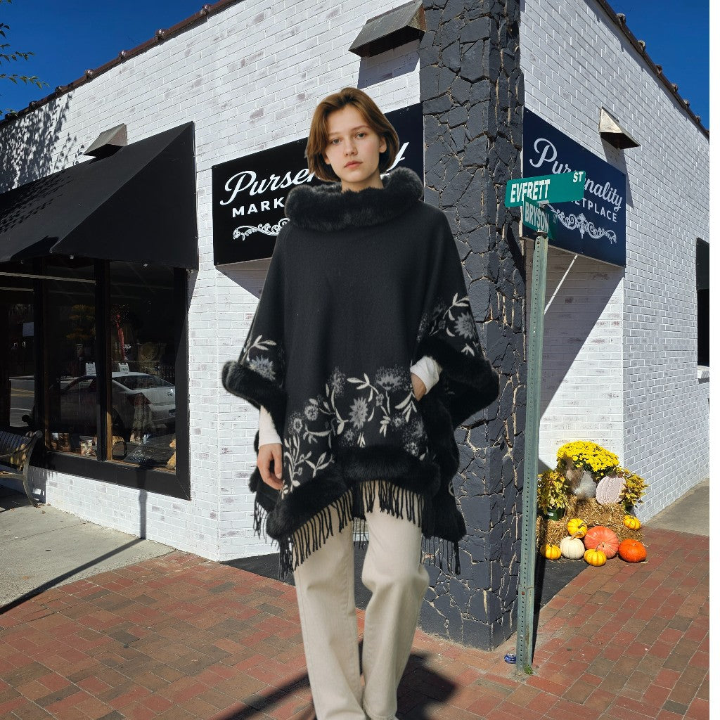 Black Floral Faux-Fur Trim Poncho