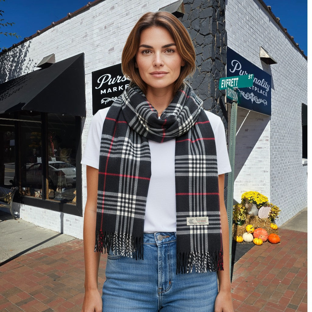 Cashmere-Feel Plaid Scarf – Short Fringe (8 Colors)
