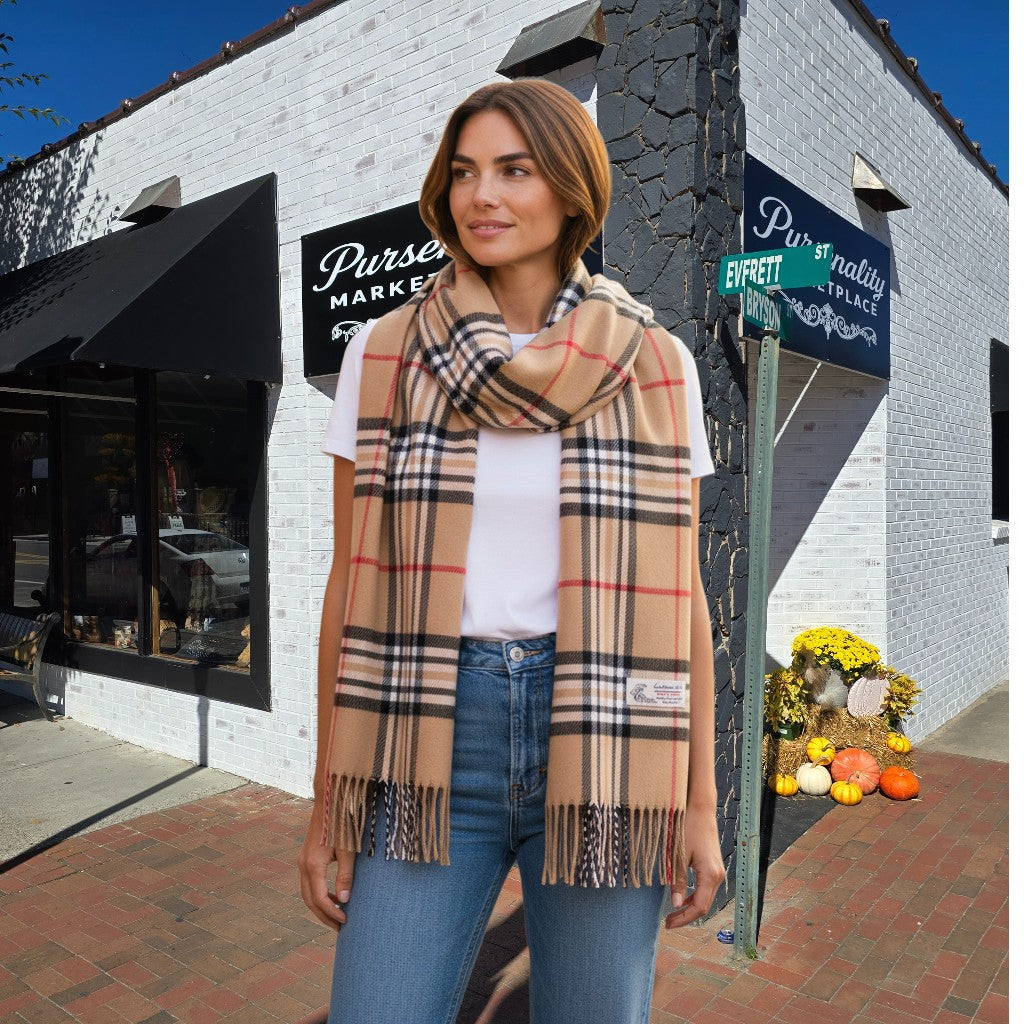 Cashmere-Feel Plaid Scarf – Short Fringe (8 Colors)