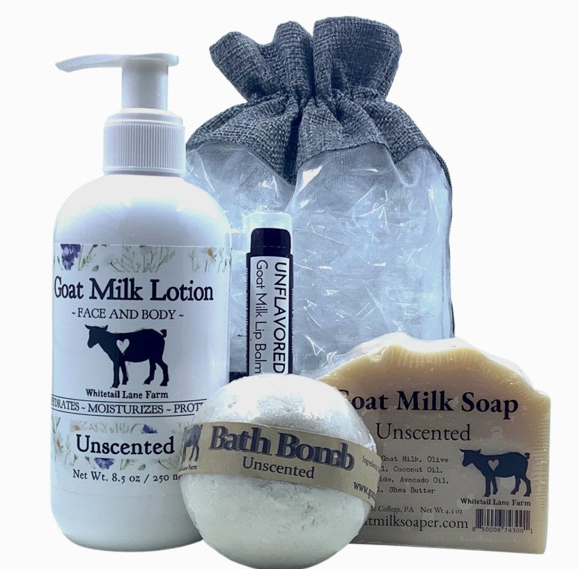 The Essentials Gift Pack – Goat Milk Lotion, Bath Bomb, Lip Balm & Soap