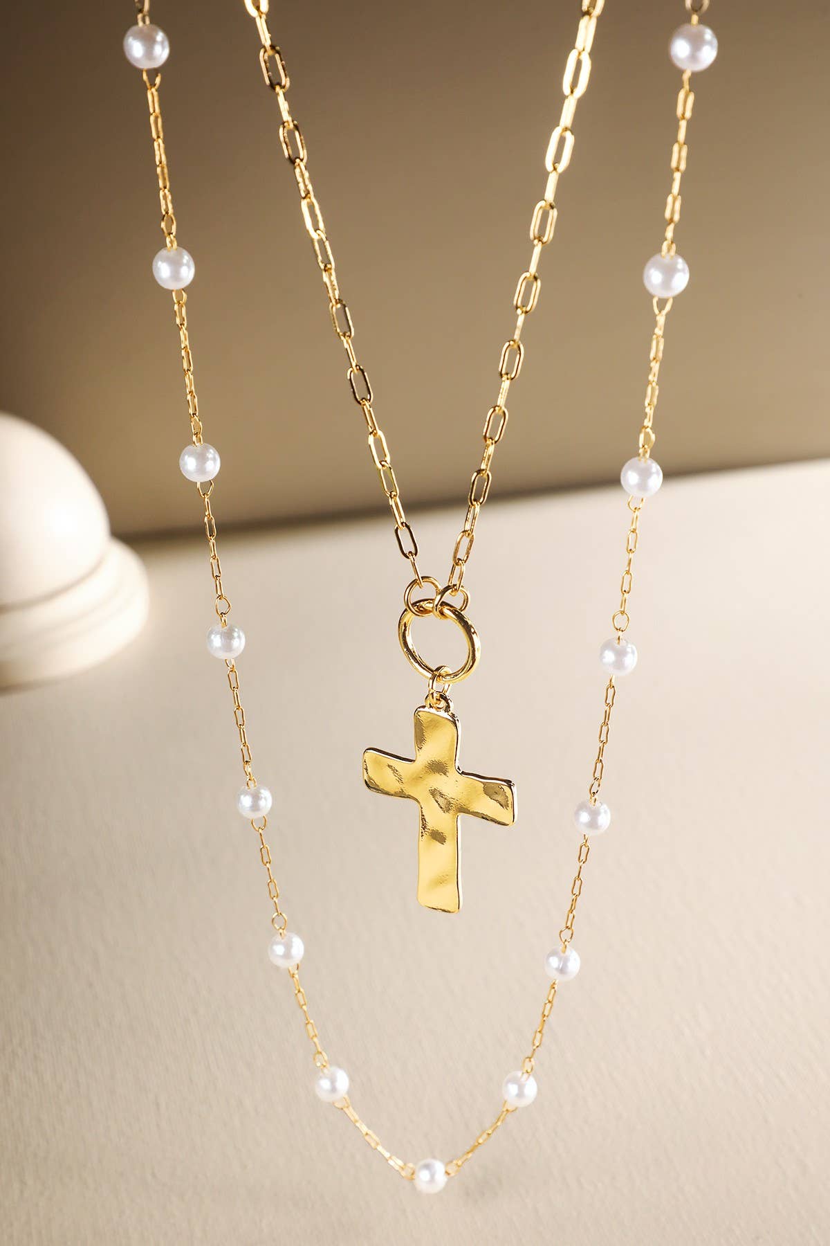 Chain Necklace with Pearl and Cross Pendant