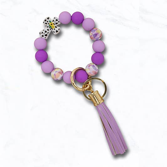 Beaded Cross Keychain Bracelet with Animal Print