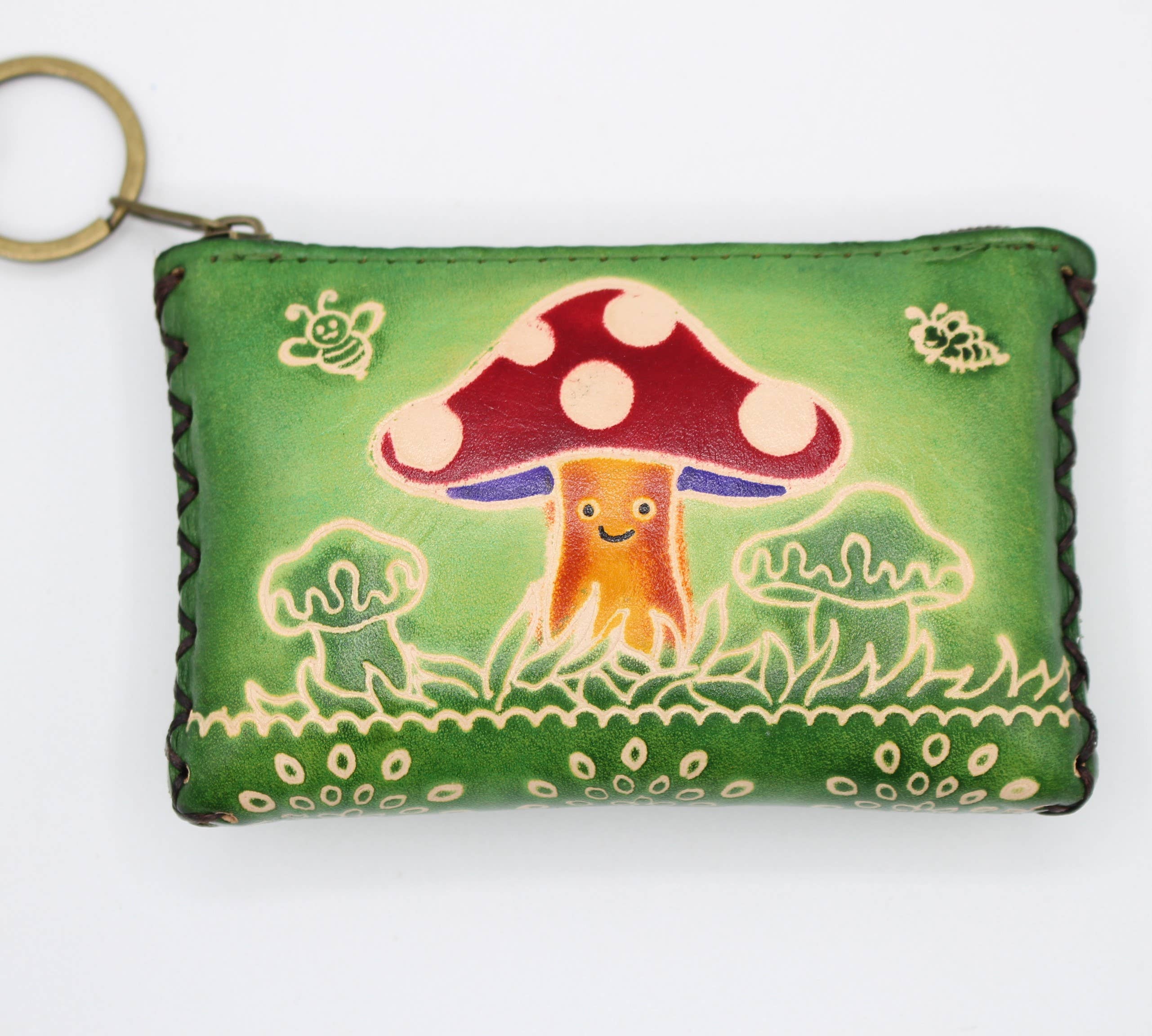 Leather mushroom coin purse wallet credit card holder
