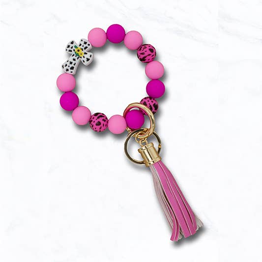 Beaded Cross Keychain Bracelet with Animal Print