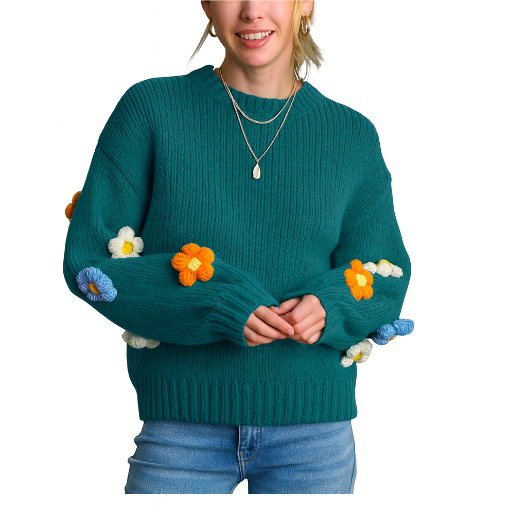 Umgee 3D Daisy Pom Sweater – Teal – L