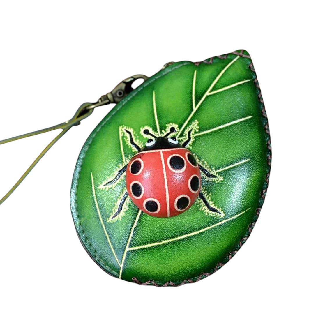 Ladybug With Leaf Wristlet- E526 leather coin purse wallet