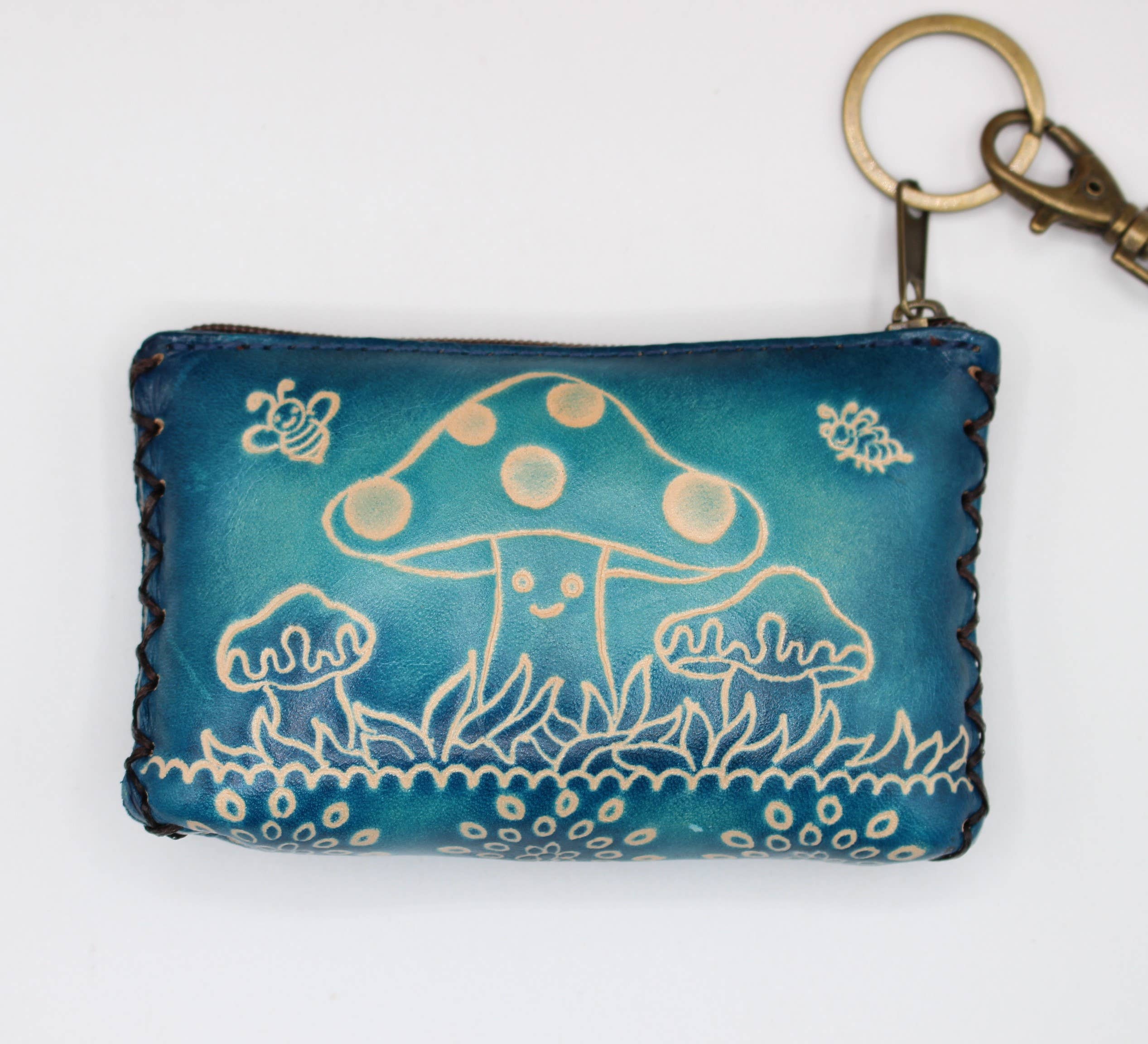 Leather mushroom coin purse wallet credit card holder