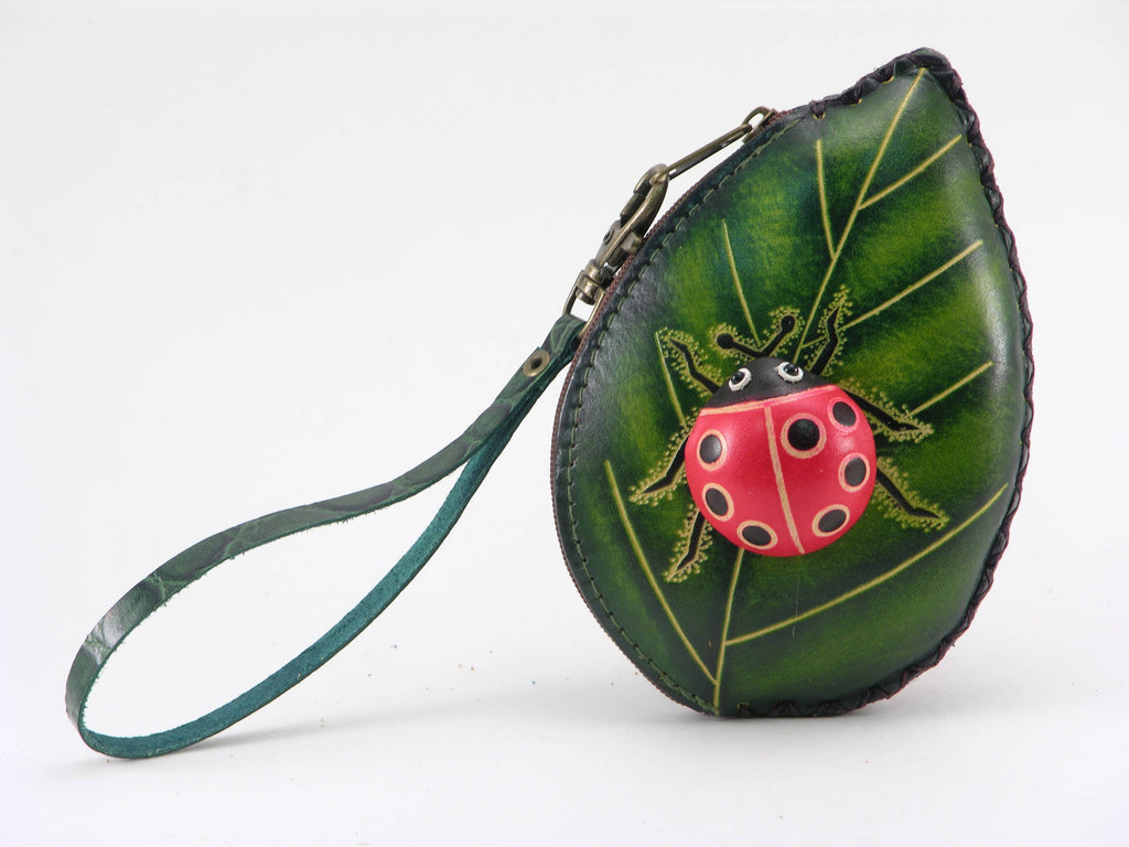 Ladybug With Leaf Wristlet- E526 leather coin purse wallet