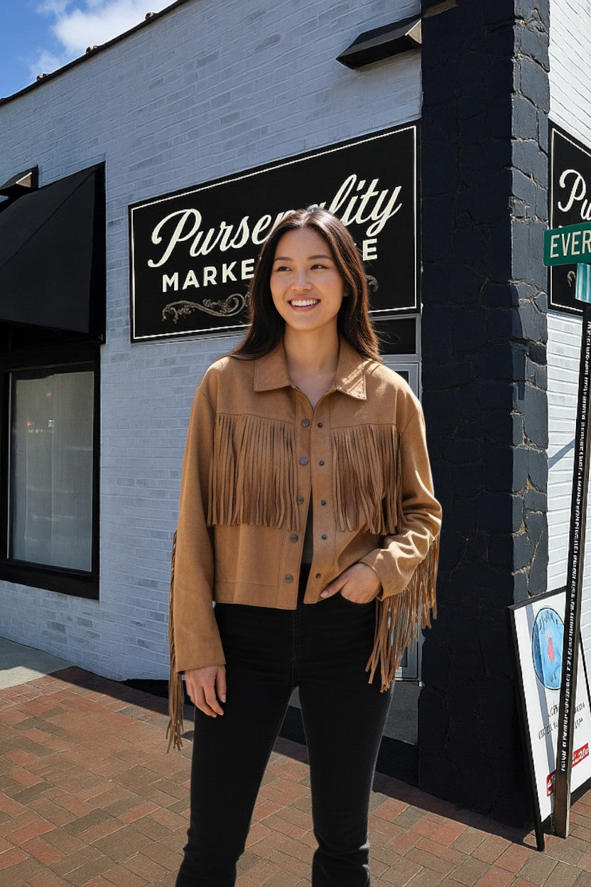 Umgee Faux Suede Fringe Shacket – Camel