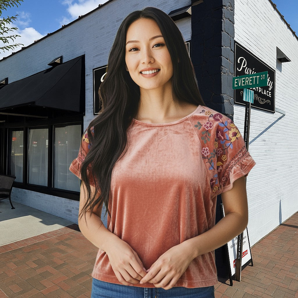 Umgee Velvet Tee with Embroidered Shoulder & Ruffle Sleeve (Rose)