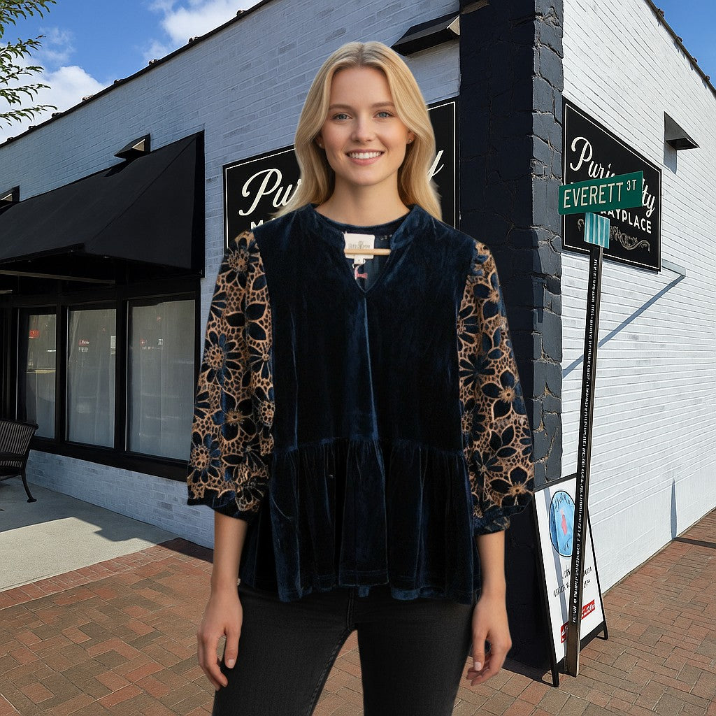 Umgee Velvet Peplum Top with Crochet Balloon Sleeves (Navy/Caramel)