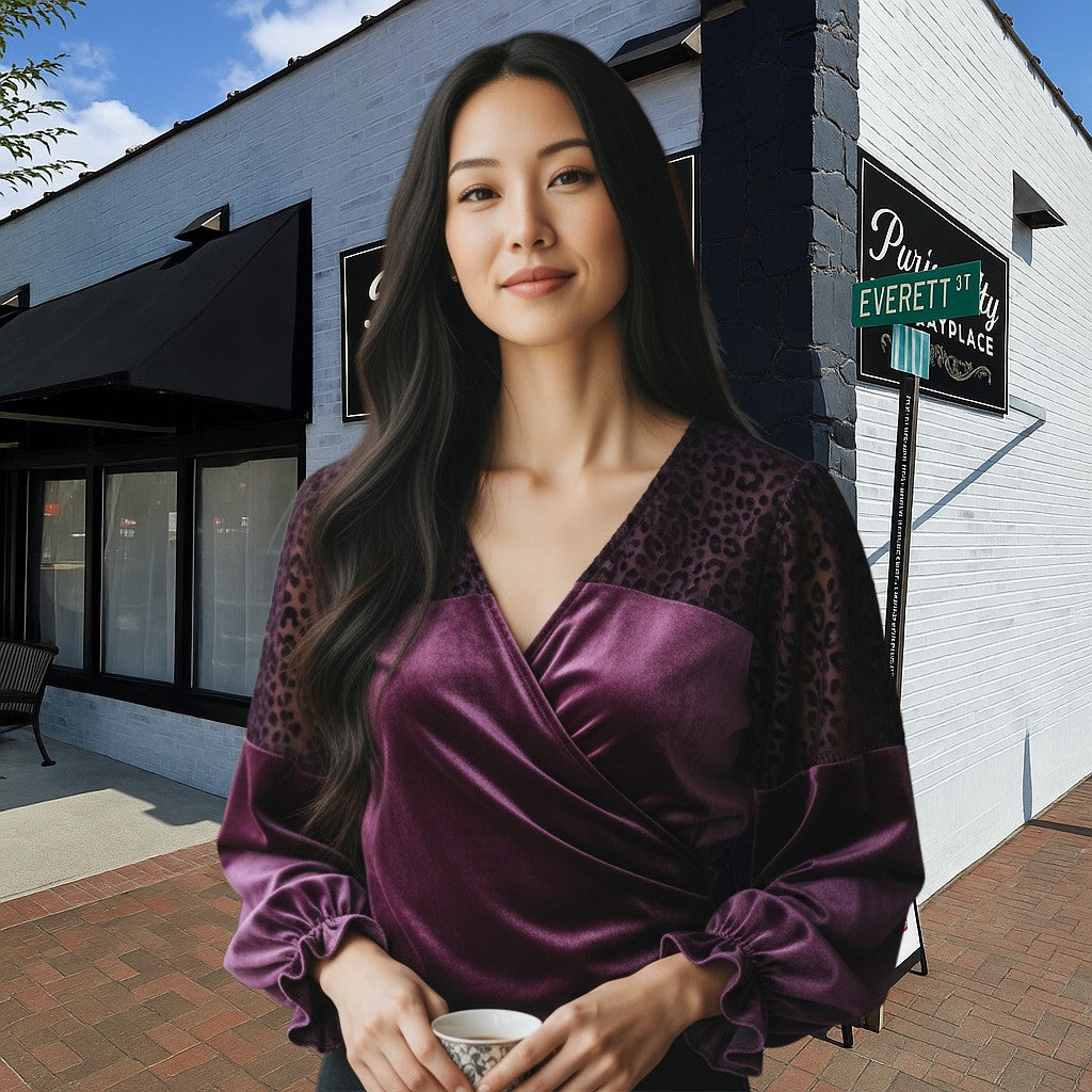 mgee Wrap Blouse with Sheer Leopard Sleeves – Eggplant (S–L)