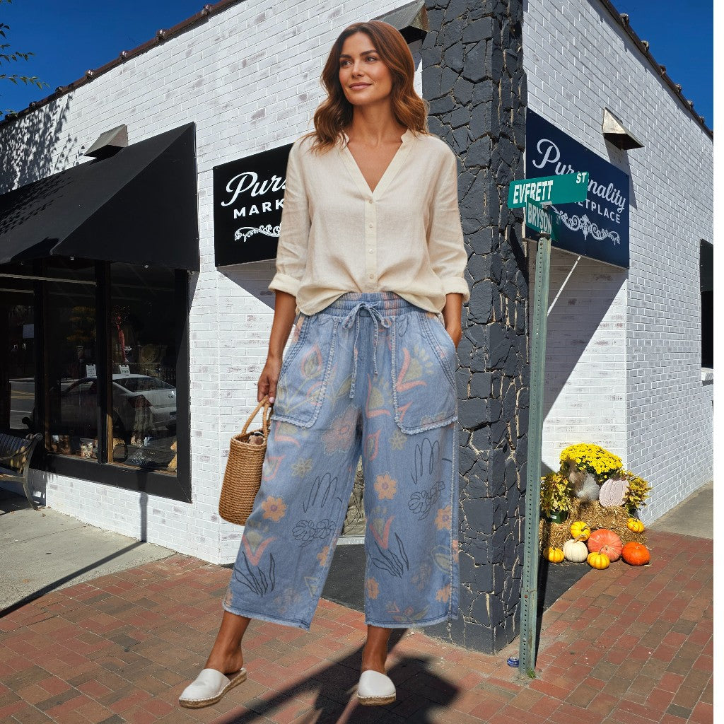 Floral Etched Wide-Leg Denim Pants