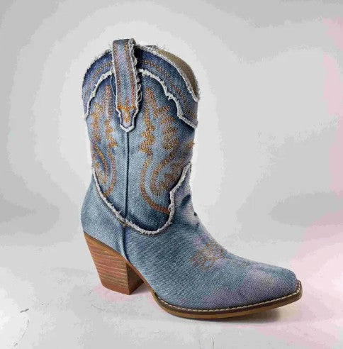 Arider Girl Jeans Stacked Heel Denim Mid Calf Western Boots