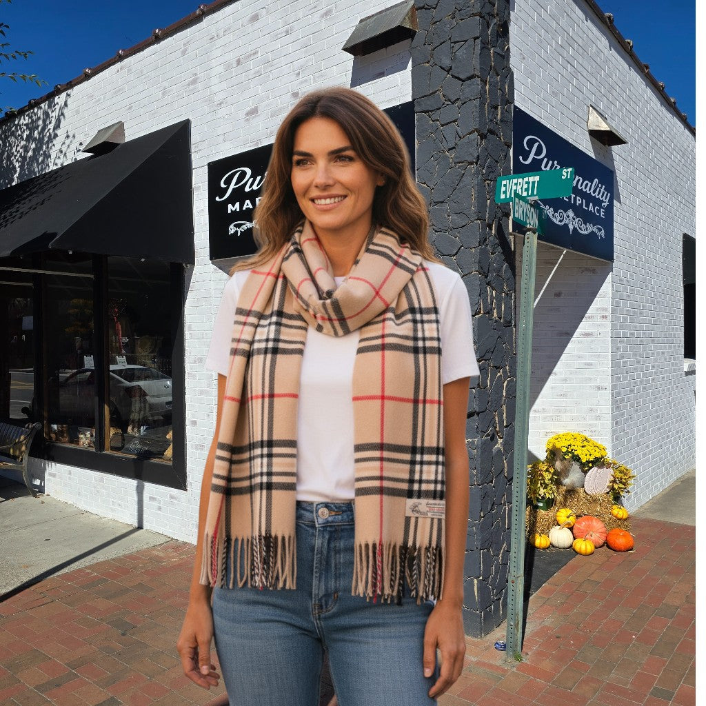 Cashmere-Feel Plaid Scarf – Short Fringe (8 Colors)