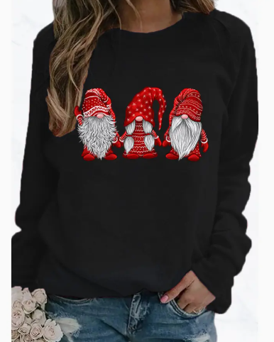 Three Santa Print Women's Christmas Long Sleeve T‑Shirt