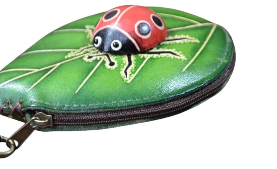 Ladybug With Leaf Wristlet- E526 leather coin purse wallet