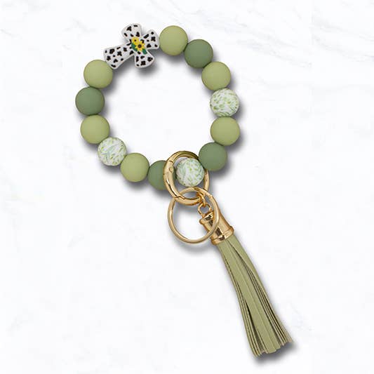 Beaded Cross Keychain Bracelet with Animal Print
