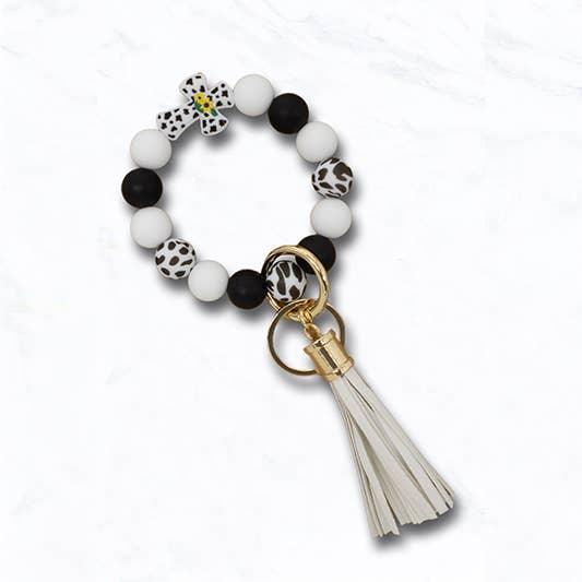 Beaded Cross Keychain Bracelet with Animal Print