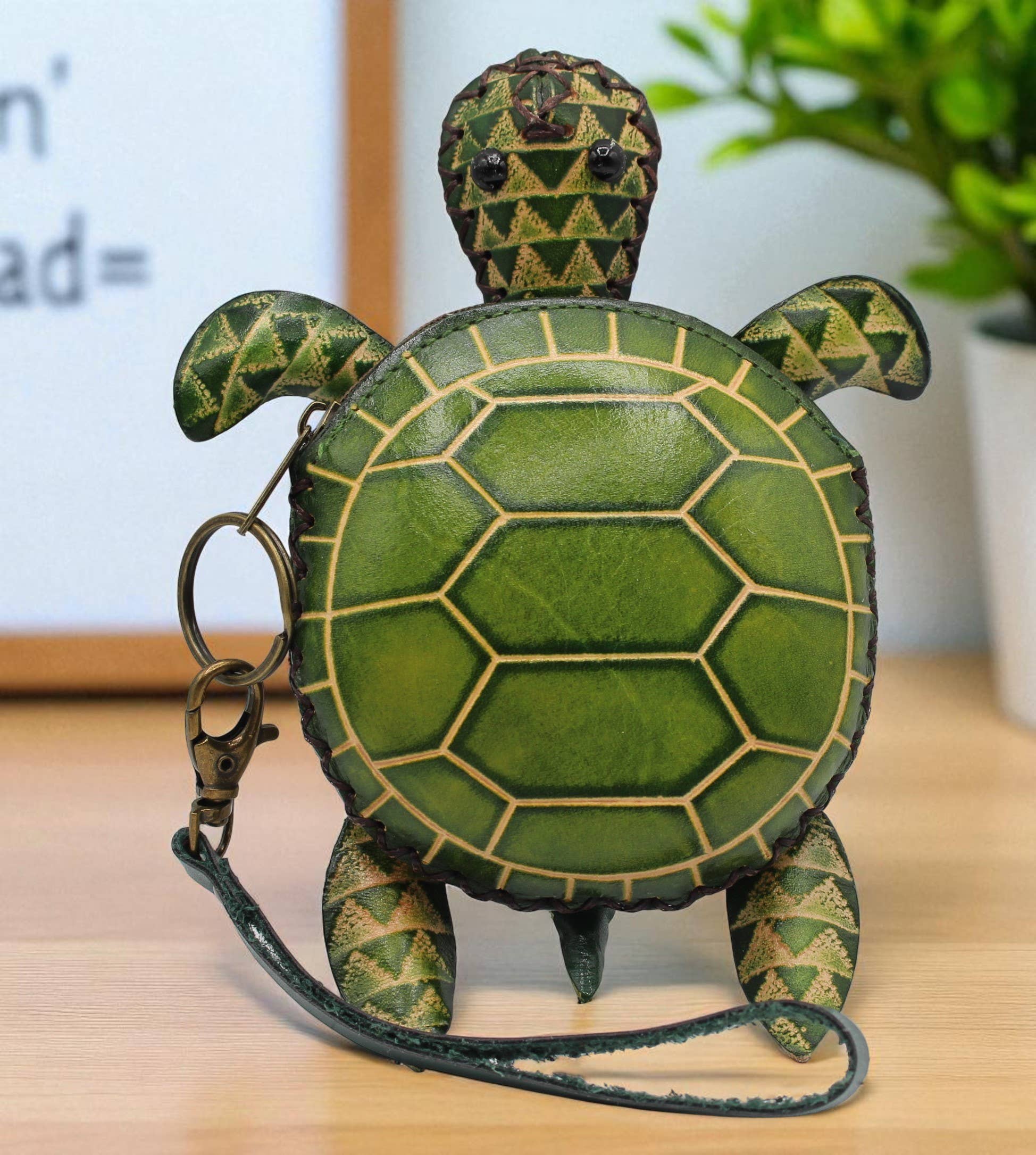 E615 leather green sea turtle wristlet coin purse wallet