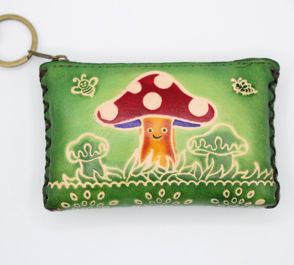 Leather mushroom coin purse wallet credit card holder