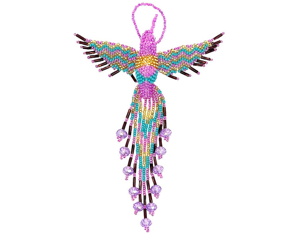 Beaded Hummingbird Figurine Seed Bead Fringe Dangle Ornament