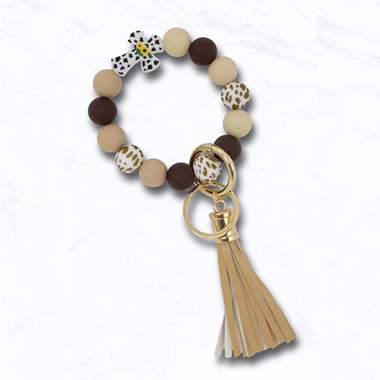 Beaded Cross Keychain Bracelet with Animal Print