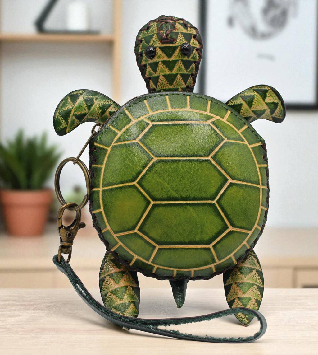 E615 leather green sea turtle wristlet coin purse wallet