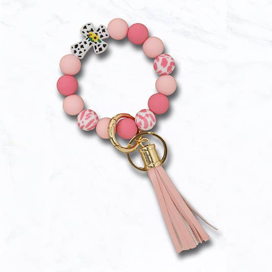 Beaded Cross Keychain Bracelet with Animal Print