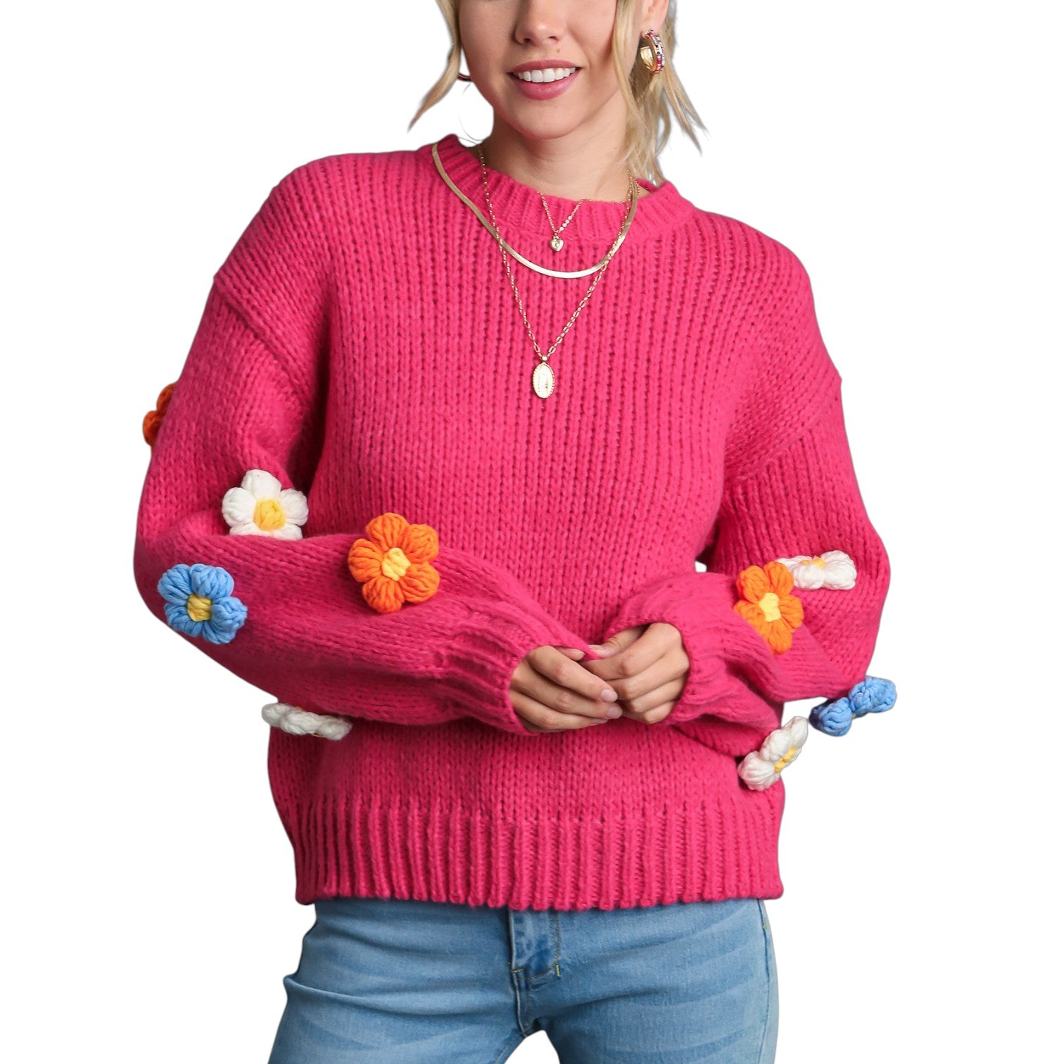 Umgee Hot Pink 3D Daisy Sweater – Chunky Knit -S