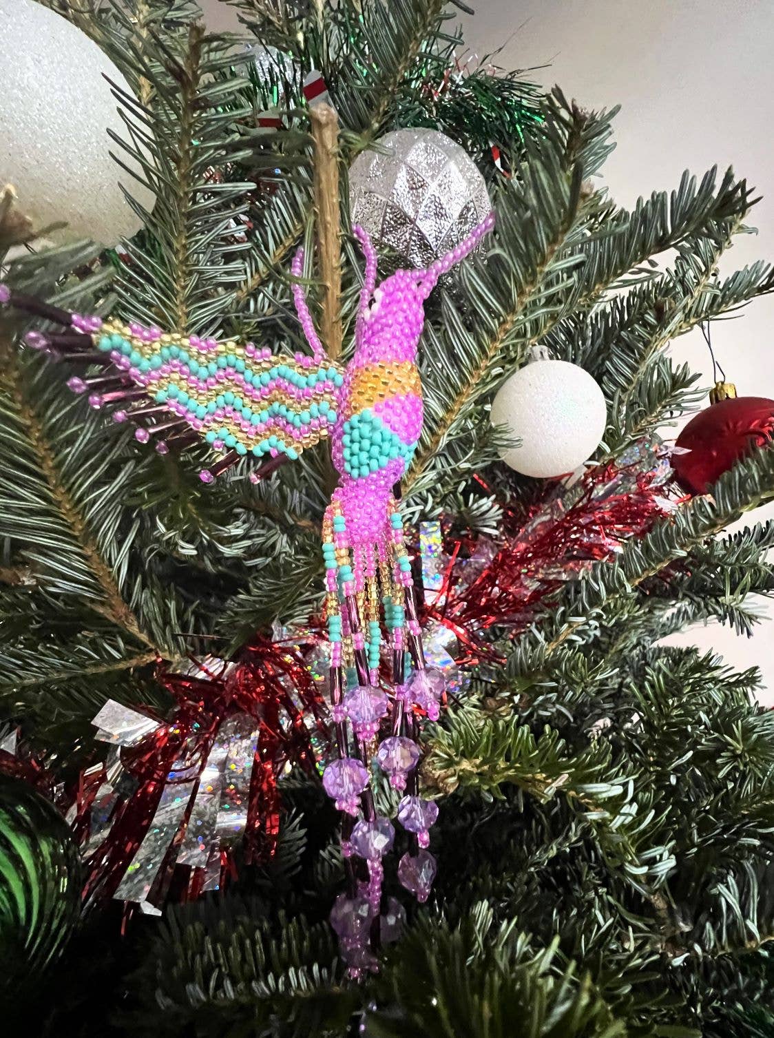 Beaded Hummingbird Figurine Seed Bead Fringe Dangle Ornament