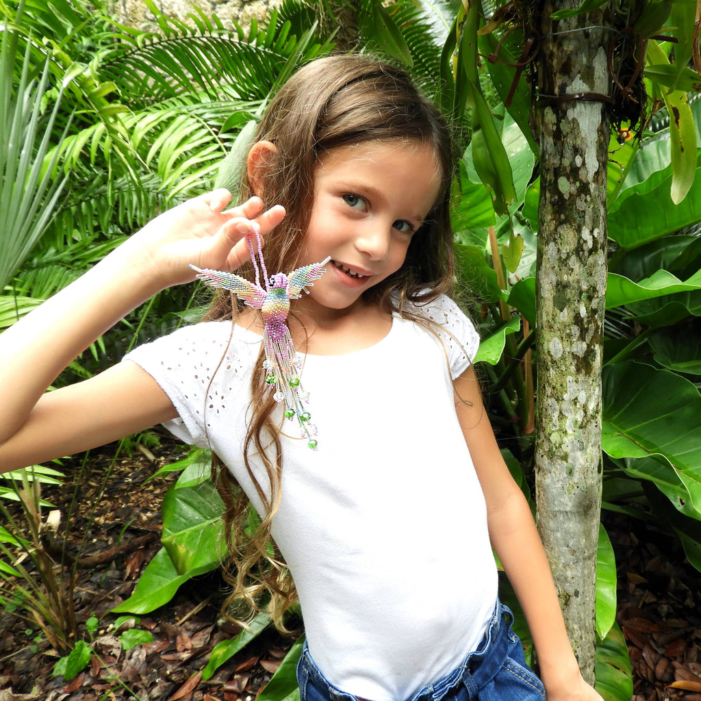 Beaded Hummingbird Figurine Seed Bead Fringe Dangle Ornament