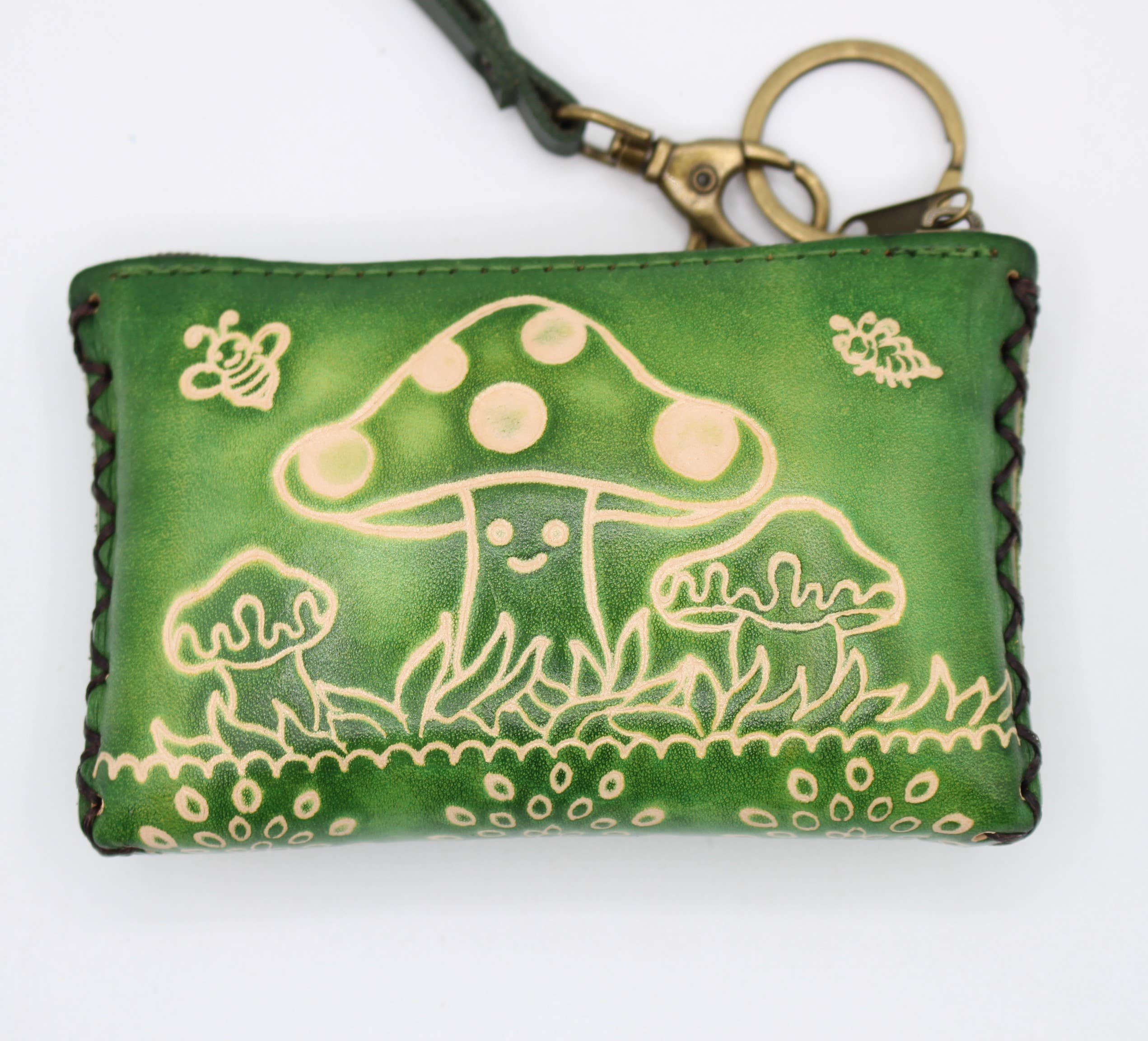 Leather mushroom coin purse wallet credit card holder