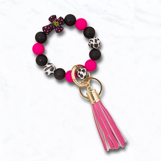 Beaded Cross Keychain Bracelet with Animal Print