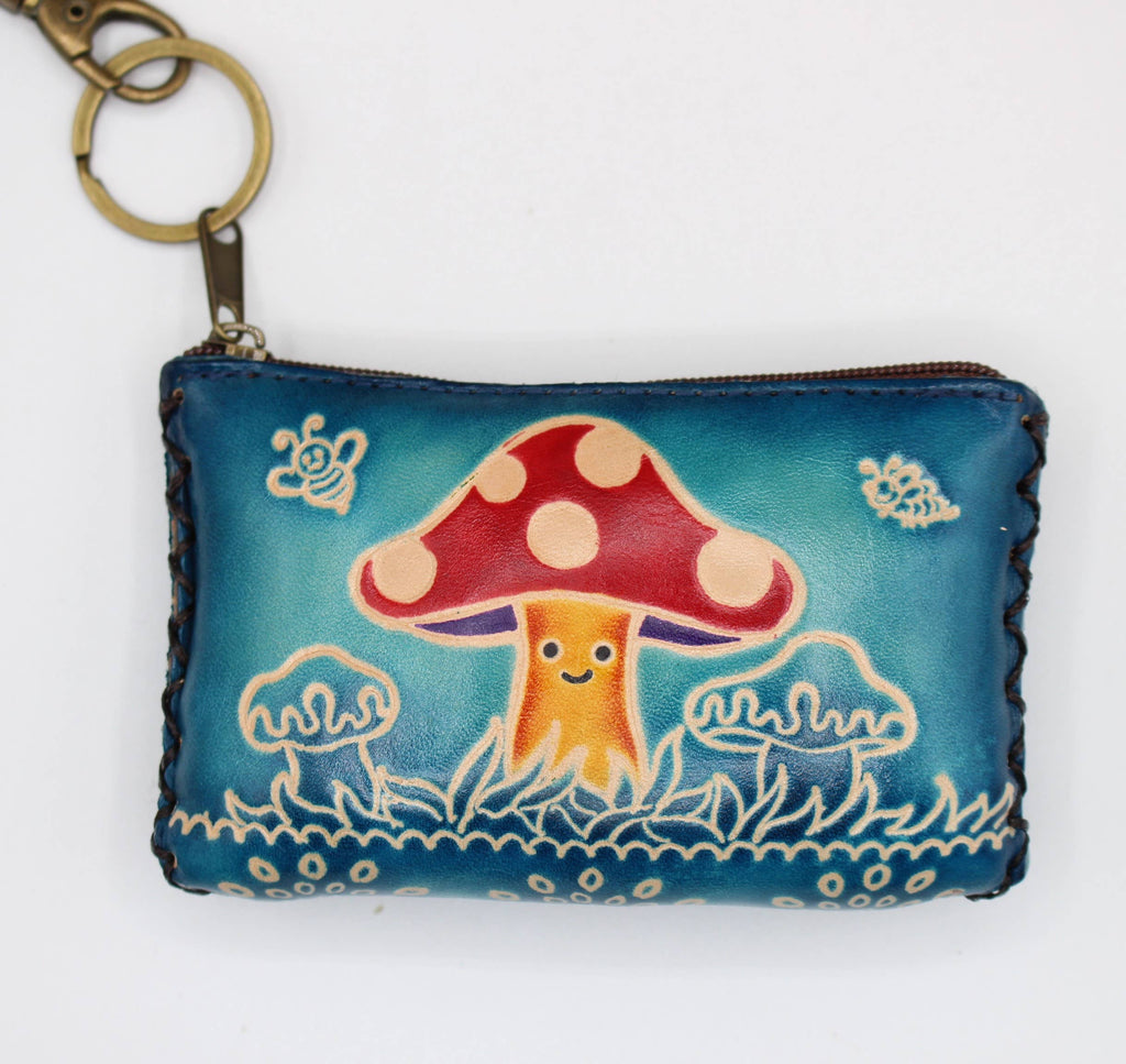 Leather mushroom coin purse wallet credit card holder